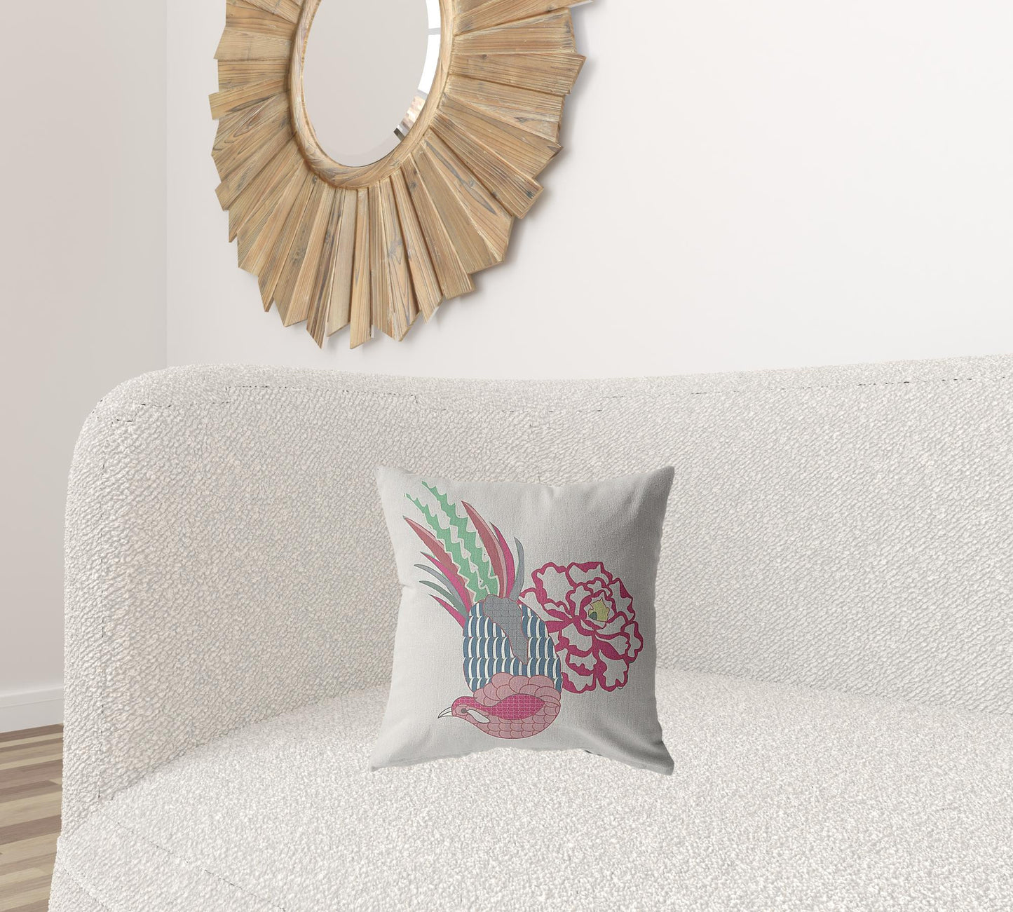 16” Pink White Peacock Zippered Suede Throw Pillow