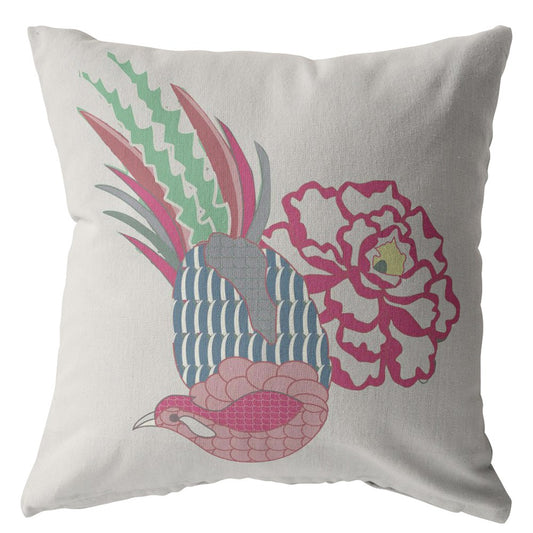18” Pink White Peacock Zippered Suede Throw Pillow