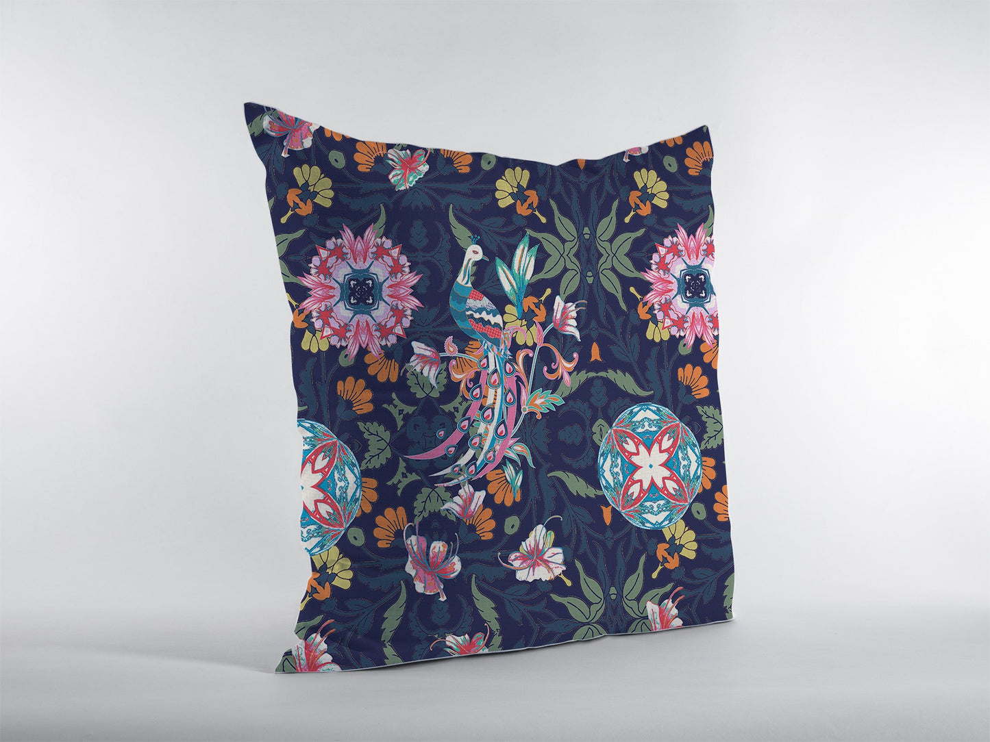 18" Navy Pink Peacock Zippered Suede Throw Pillow