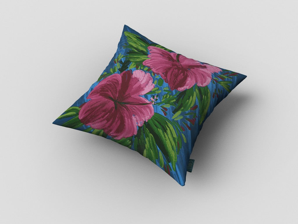 16” Pink Blue Hibiscus Zippered Suede Throw Pillow