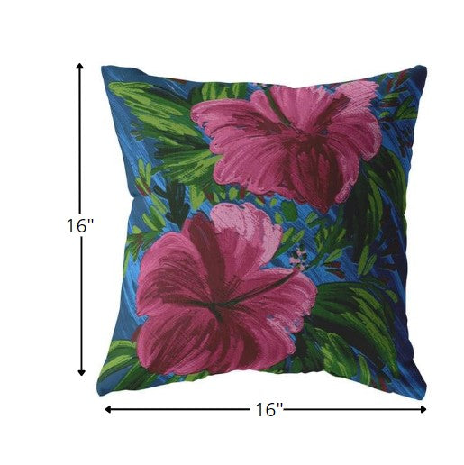 16” Pink Blue Hibiscus Zippered Suede Throw Pillow