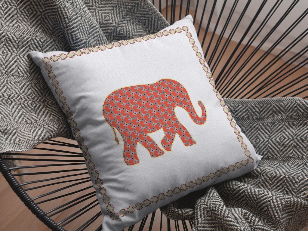 18” Orange White Elephant Zippered Suede Throw Pillow