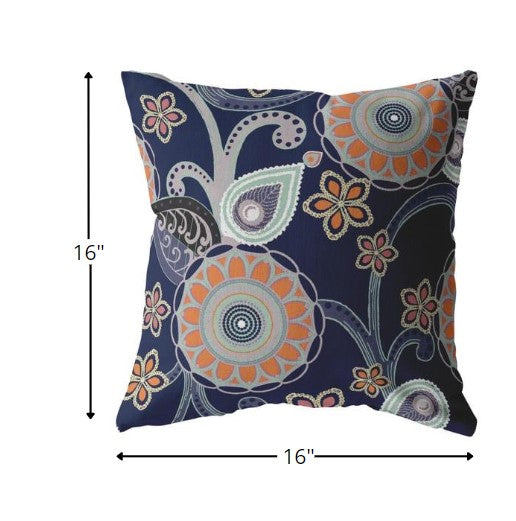 16” Indigo Orange Floral Suede Zippered Throw Pillow