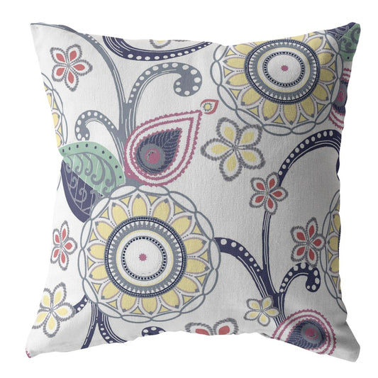 18” White Yellow Floral Suede Zippered Throw Pillow