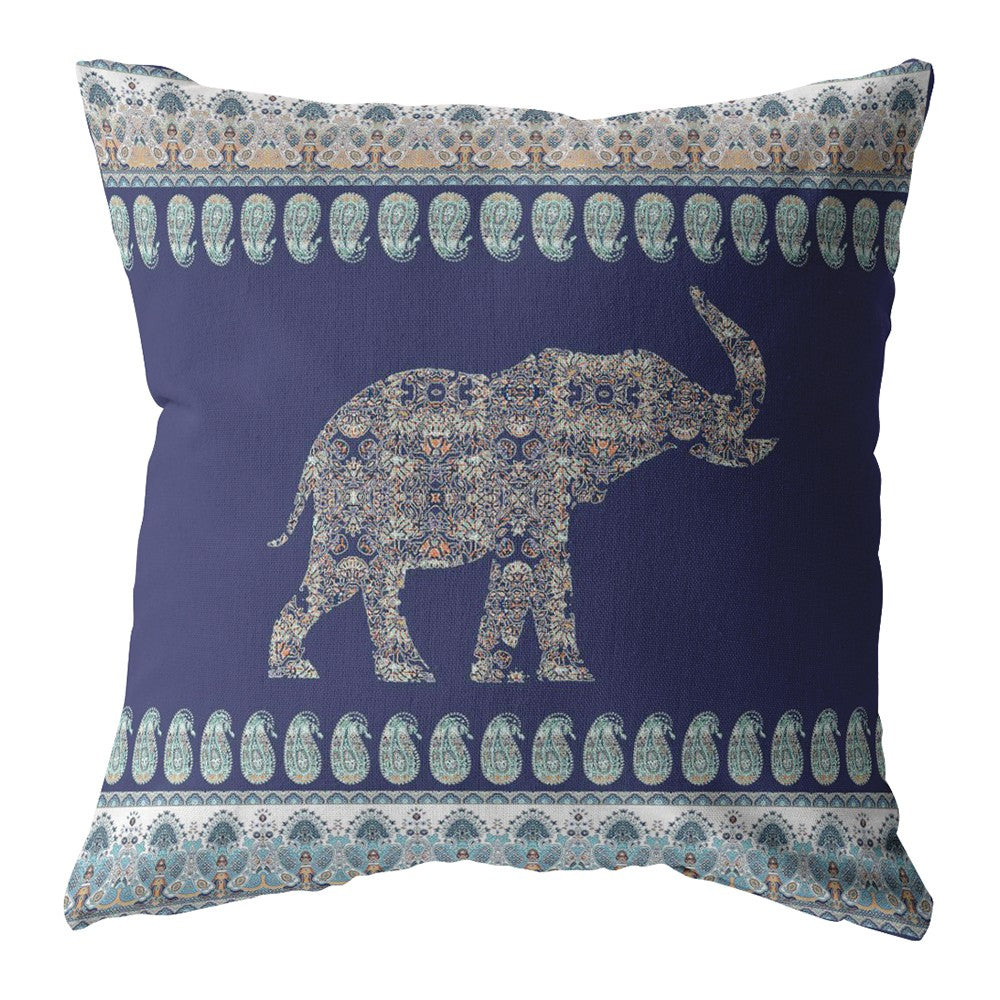 16” Navy Ornate Elephant Zippered Suede Throw Pillow