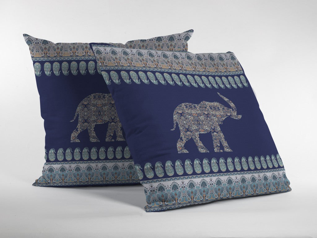 16” Navy Ornate Elephant Zippered Suede Throw Pillow