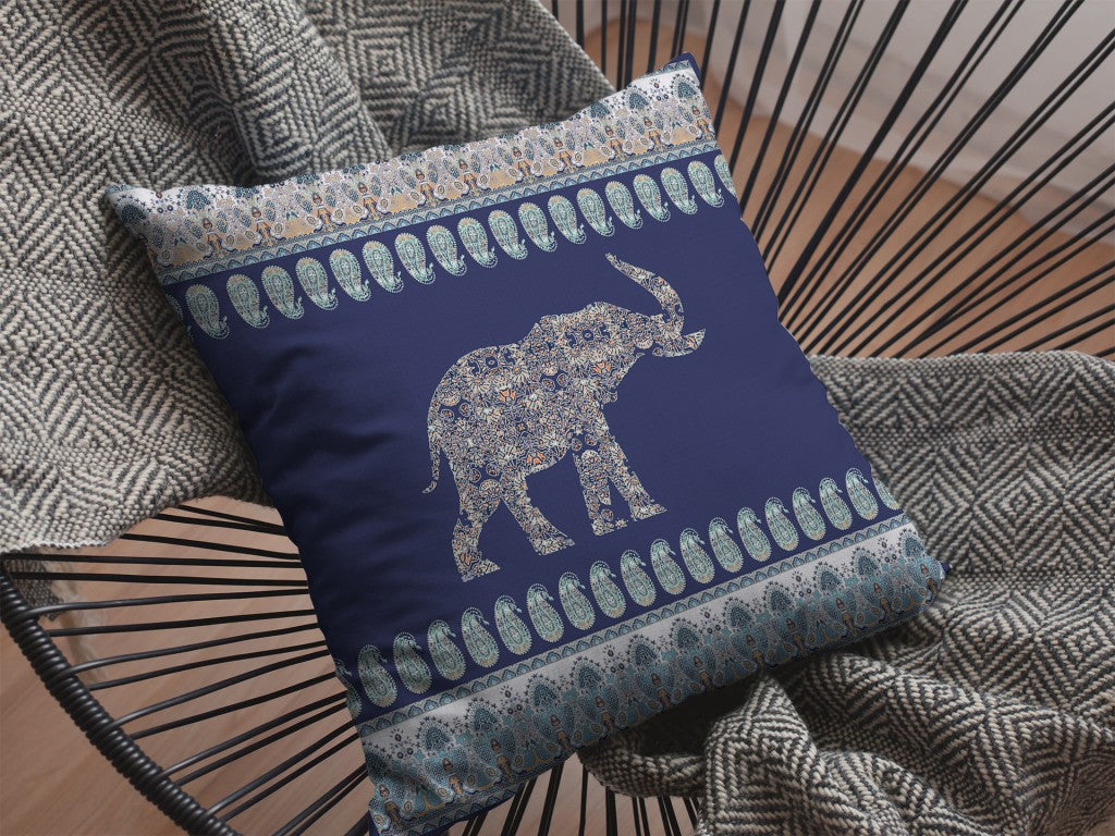 16” Navy Ornate Elephant Zippered Suede Throw Pillow