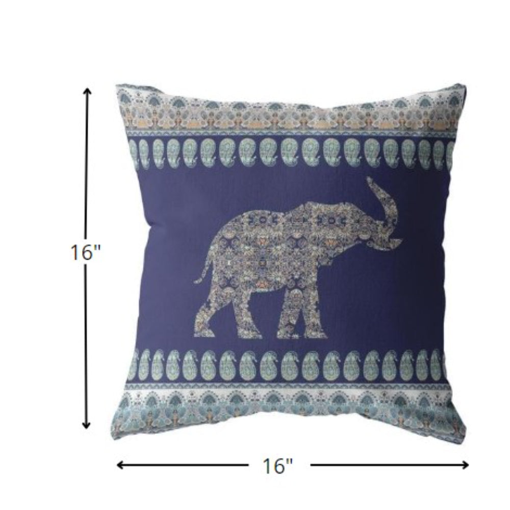 16” Navy Ornate Elephant Zippered Suede Throw Pillow