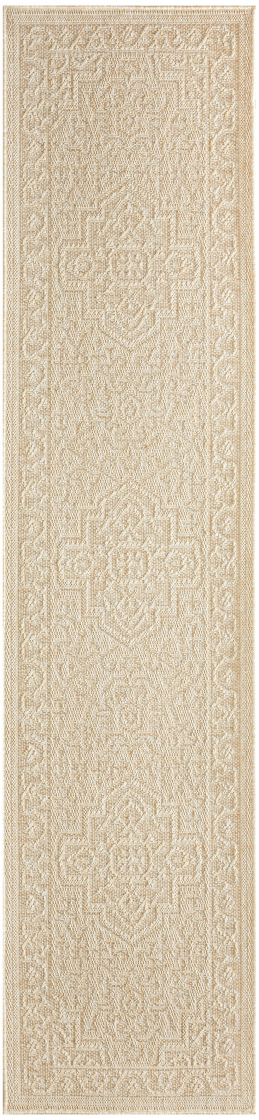 Beige-toned woven runner rug with ornate geometric medallion and border pattern; ideal for hallway or stairs.