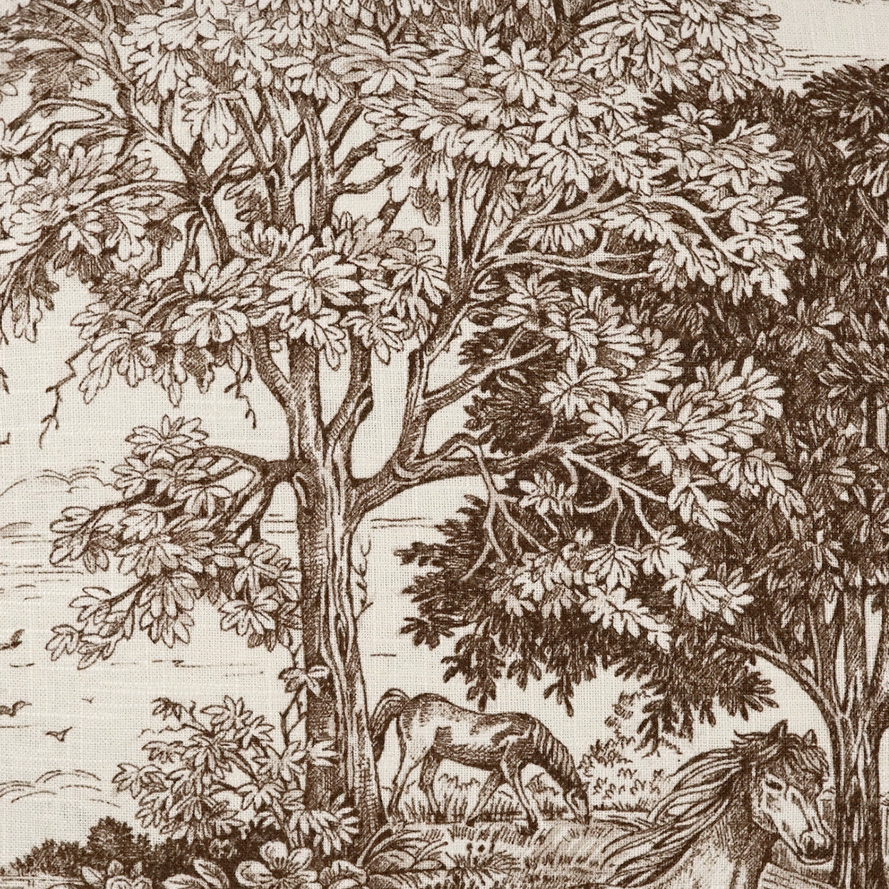 Brown toile fabric with trees and grazing horses on beige—classic rustic botanical pattern for upholstery.