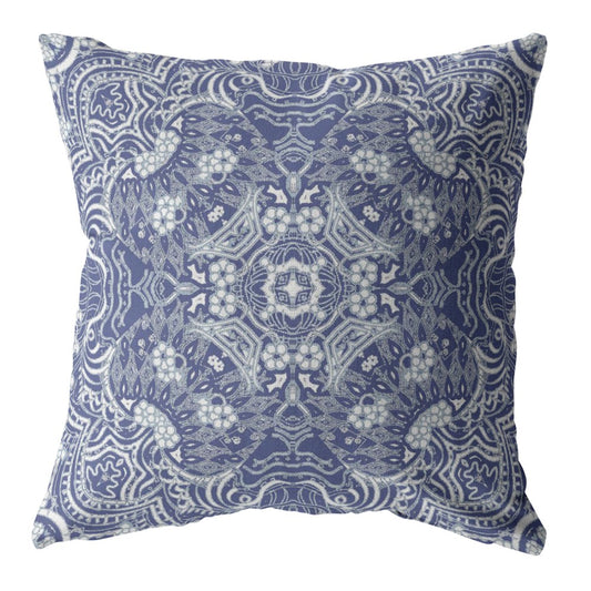 16” Indigo White Boho Ornate Zippered Suede Throw Pillow