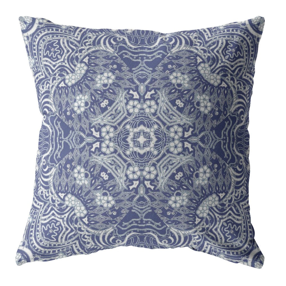 18” Indigo White Boho Ornate Zippered Suede Throw Pillow