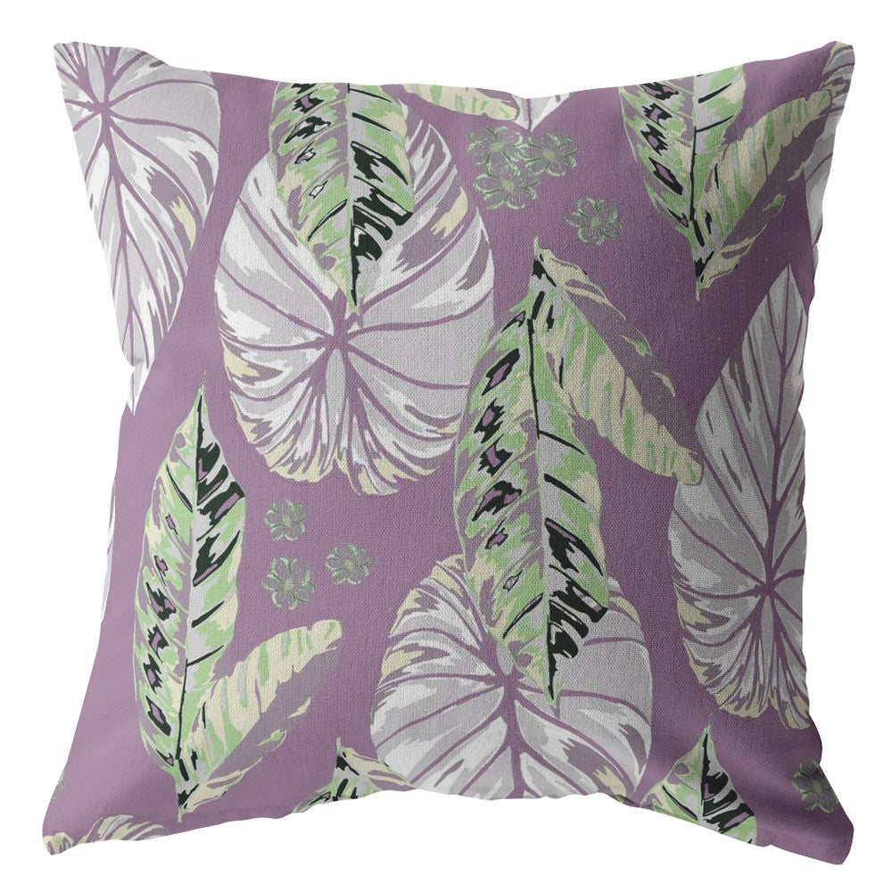 16” White Purple Tropical Leaf Zippered Suede Throw Pillow