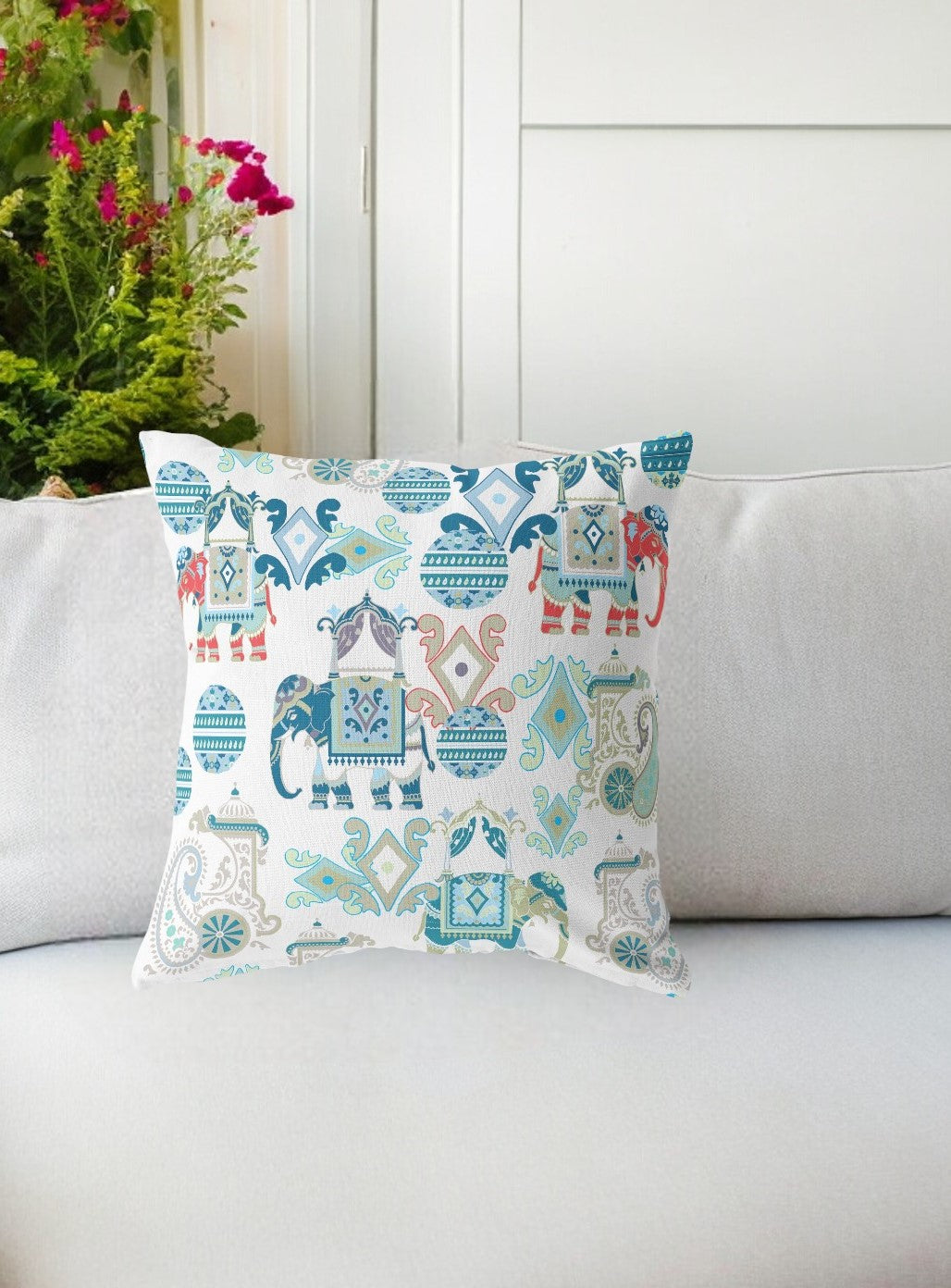 16" Blue White Tribal Indoor Outdoor Zip Throw Pillow