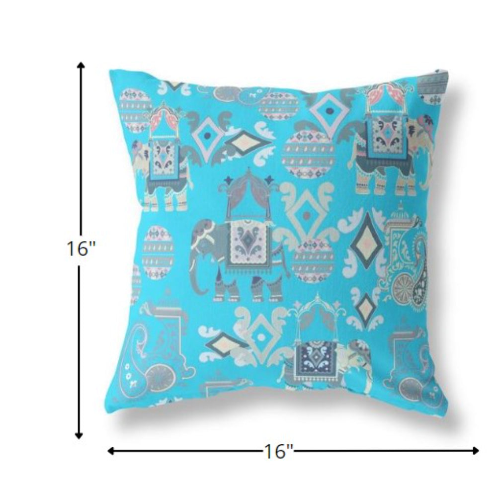 16" Cyan Gray Tribal Indoor Outdoor Zip Throw Pillow