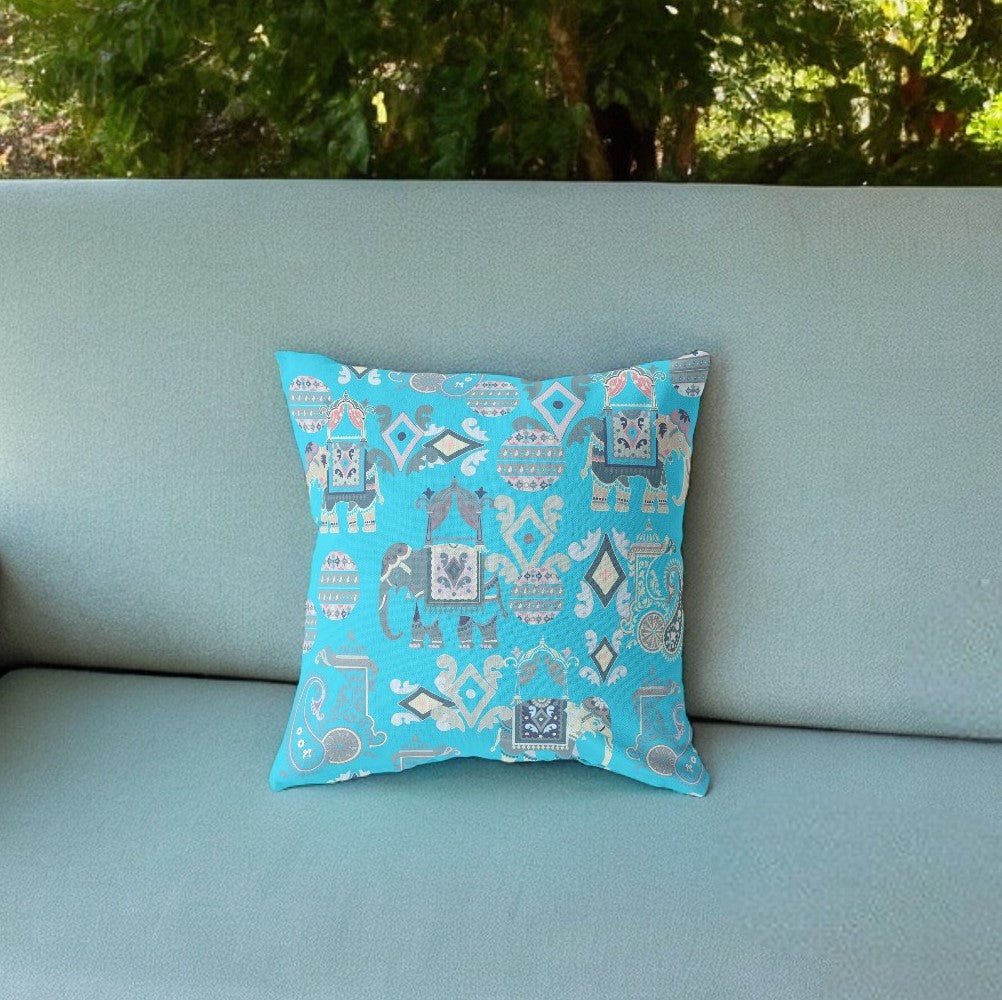 18" Cyan Gray Tribal Indoor Outdoor Zip Throw Pillow