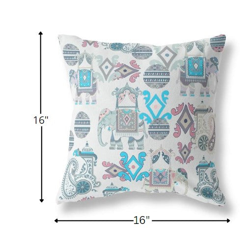 16" White Cyan Tribal Indoor Outdoor Zip Throw Pillow