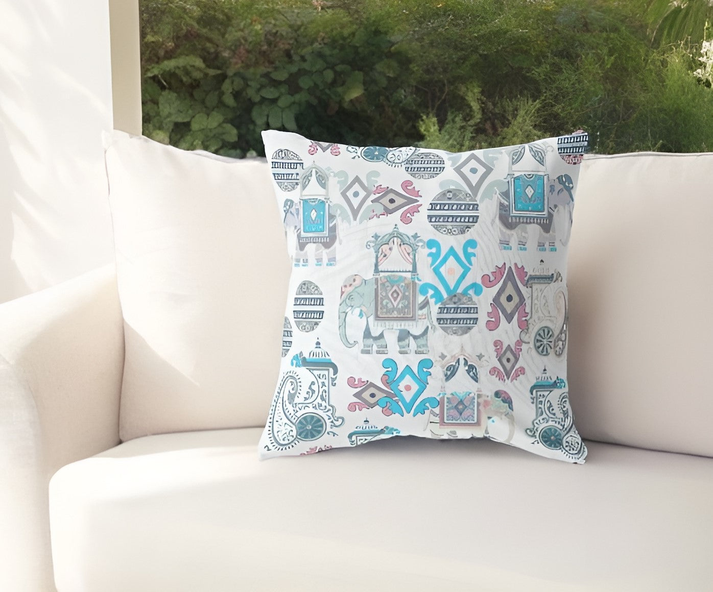 16" White Cyan Tribal Indoor Outdoor Zip Throw Pillow