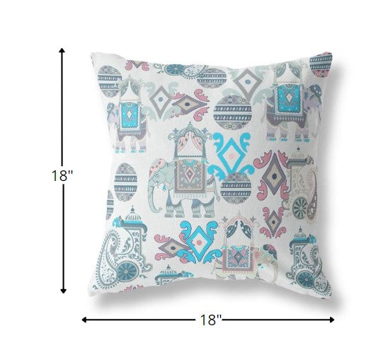 18" White Cyan Tribal Indoor Outdoor Zip Throw Pillow