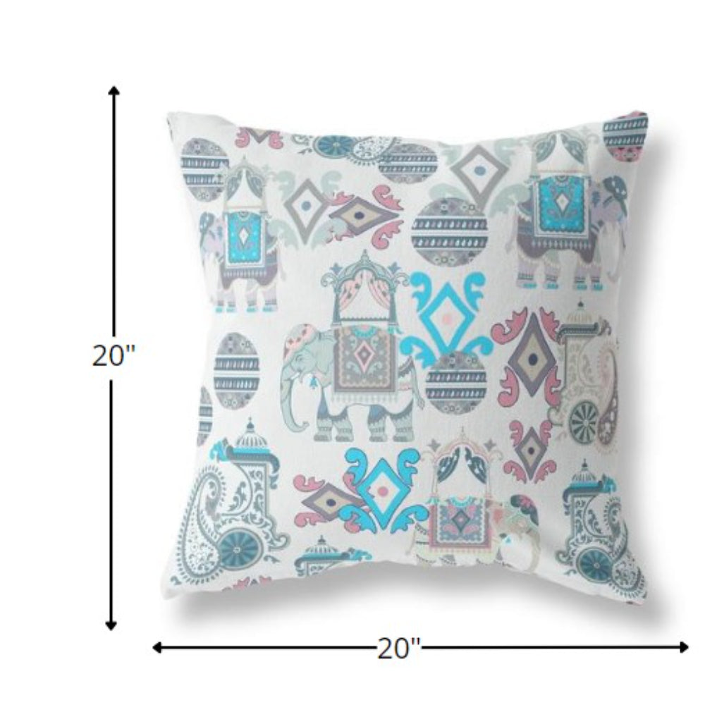 18" White Cyan Tribal Indoor Outdoor Zip Throw Pillow