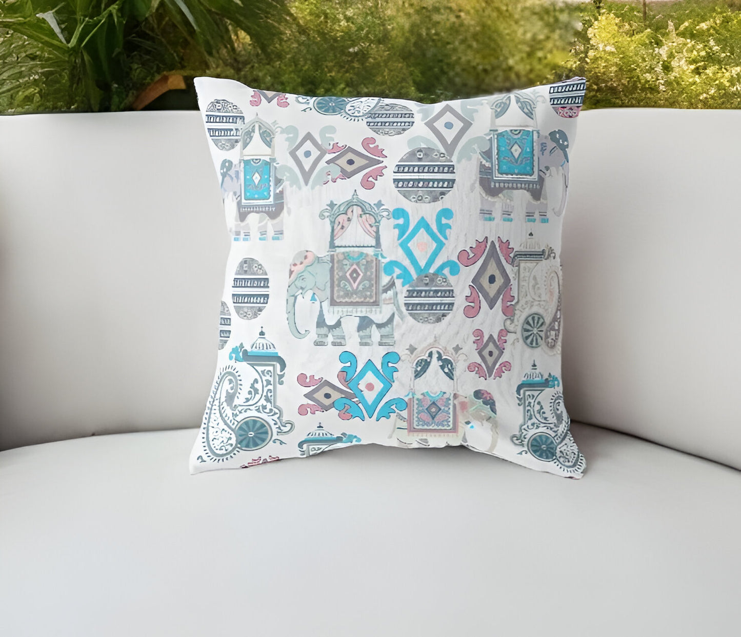 18" White Cyan Tribal Indoor Outdoor Zip Throw Pillow