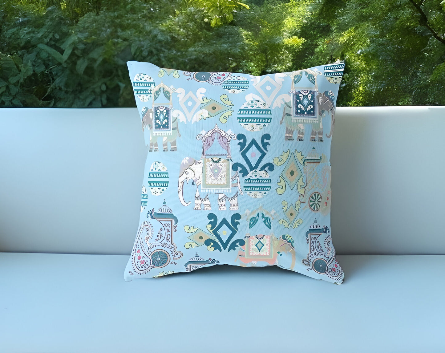 16" Sky Blue Tribal Indoor Outdoor Zip Throw Pillow