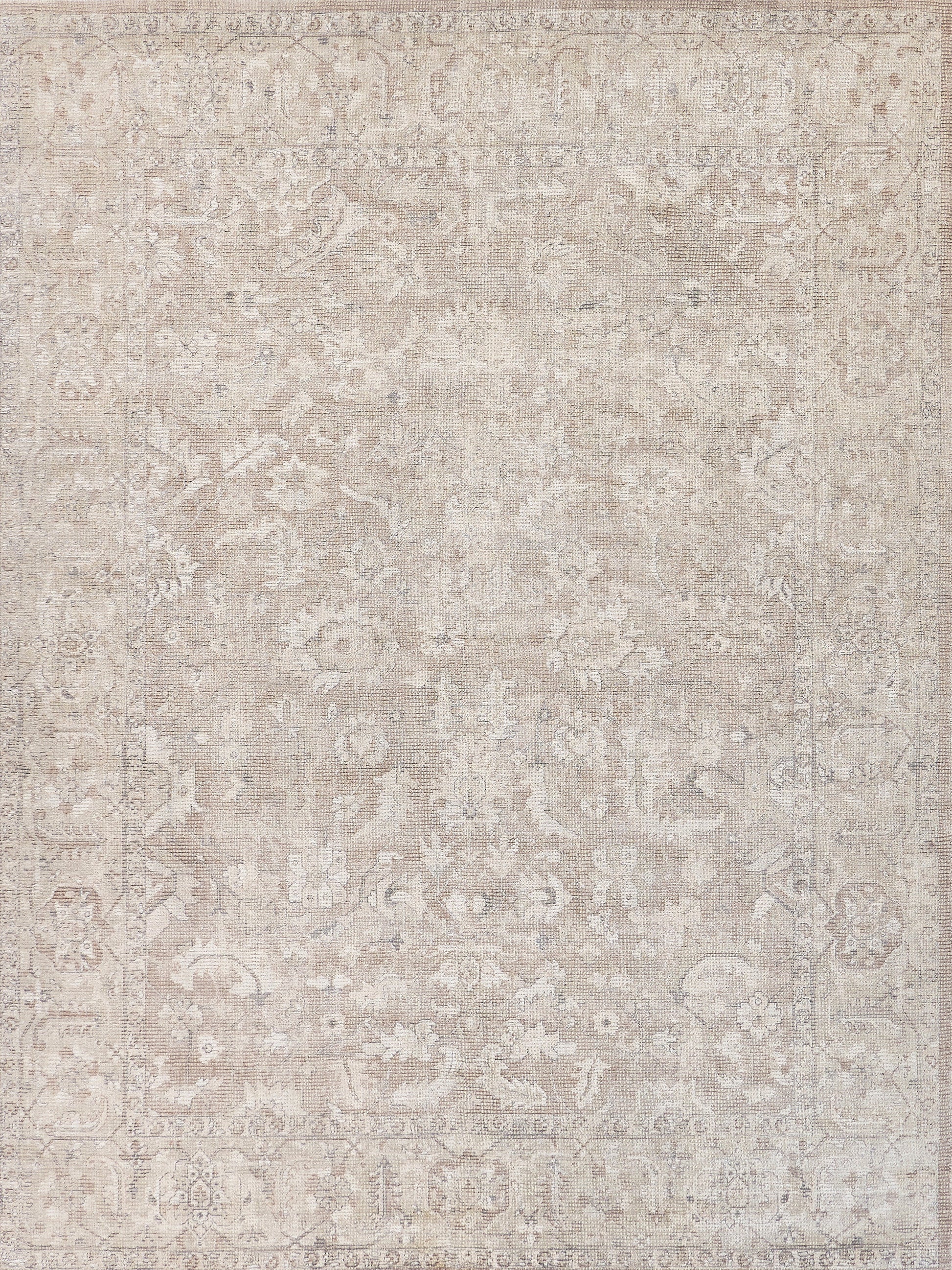 Neutral beige distressed oriental area rug with subtle floral medallion pattern & ornate border.