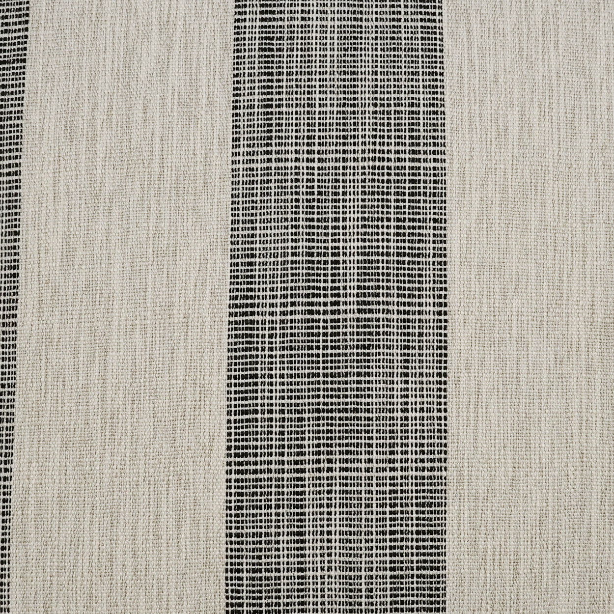 Beige woven fabric with bold black vertical stripes; linen-like texture, upholstery or rug textile.