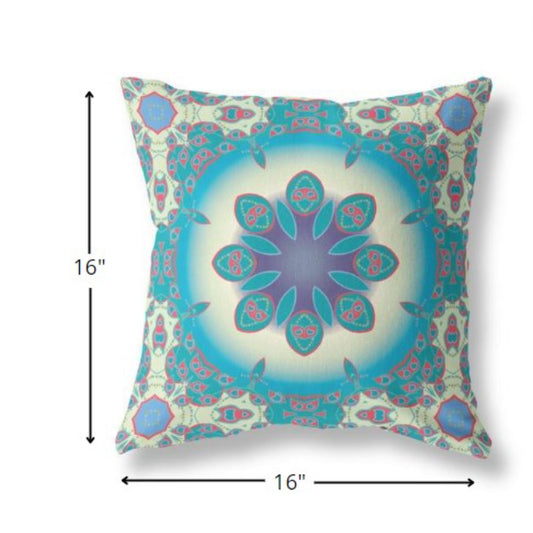 16” Blue Cream Jewel Indoor Outdoor Zippered Throw Pillow