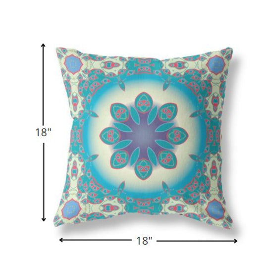18” Blue Cream Jewel Indoor Outdoor Zippered Throw Pillow