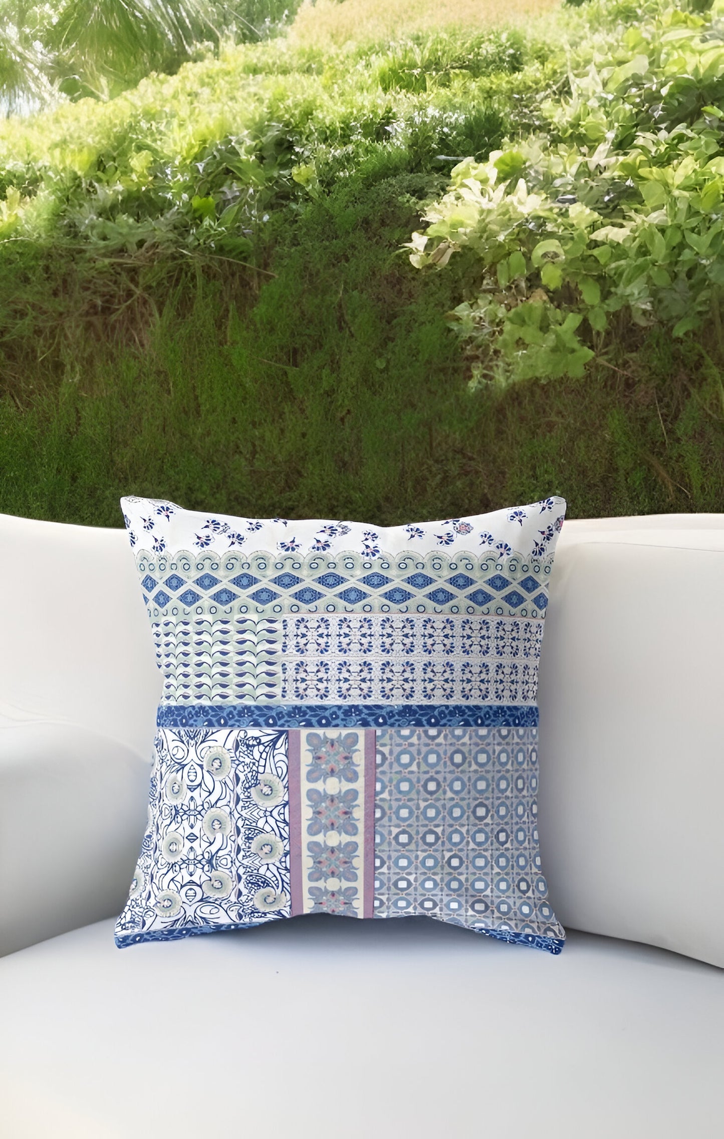 16” Blue Lavender White Patch Indoor Outdoor Zippered Throw Pillow