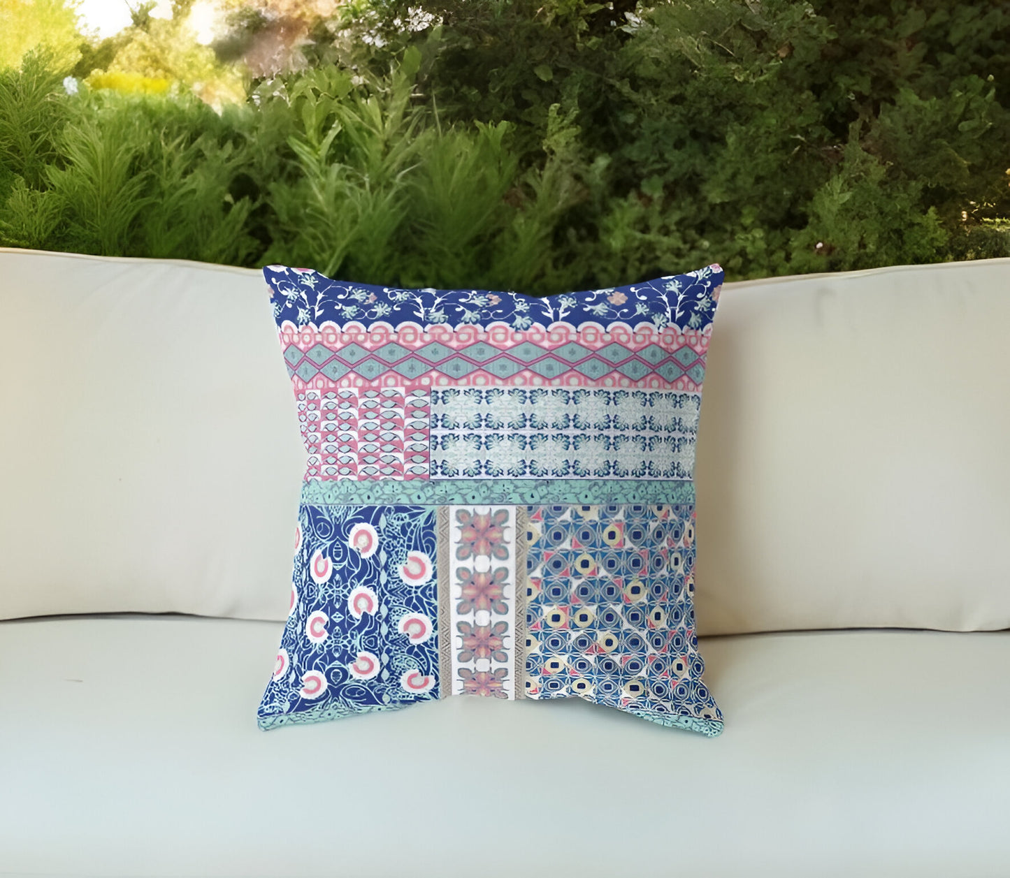 16” Blue Pink Patch Indoor Outdoor Zippered Throw Pillow