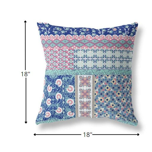 18” Blue Pink Patch Indoor Outdoor Zippered Throw Pillow