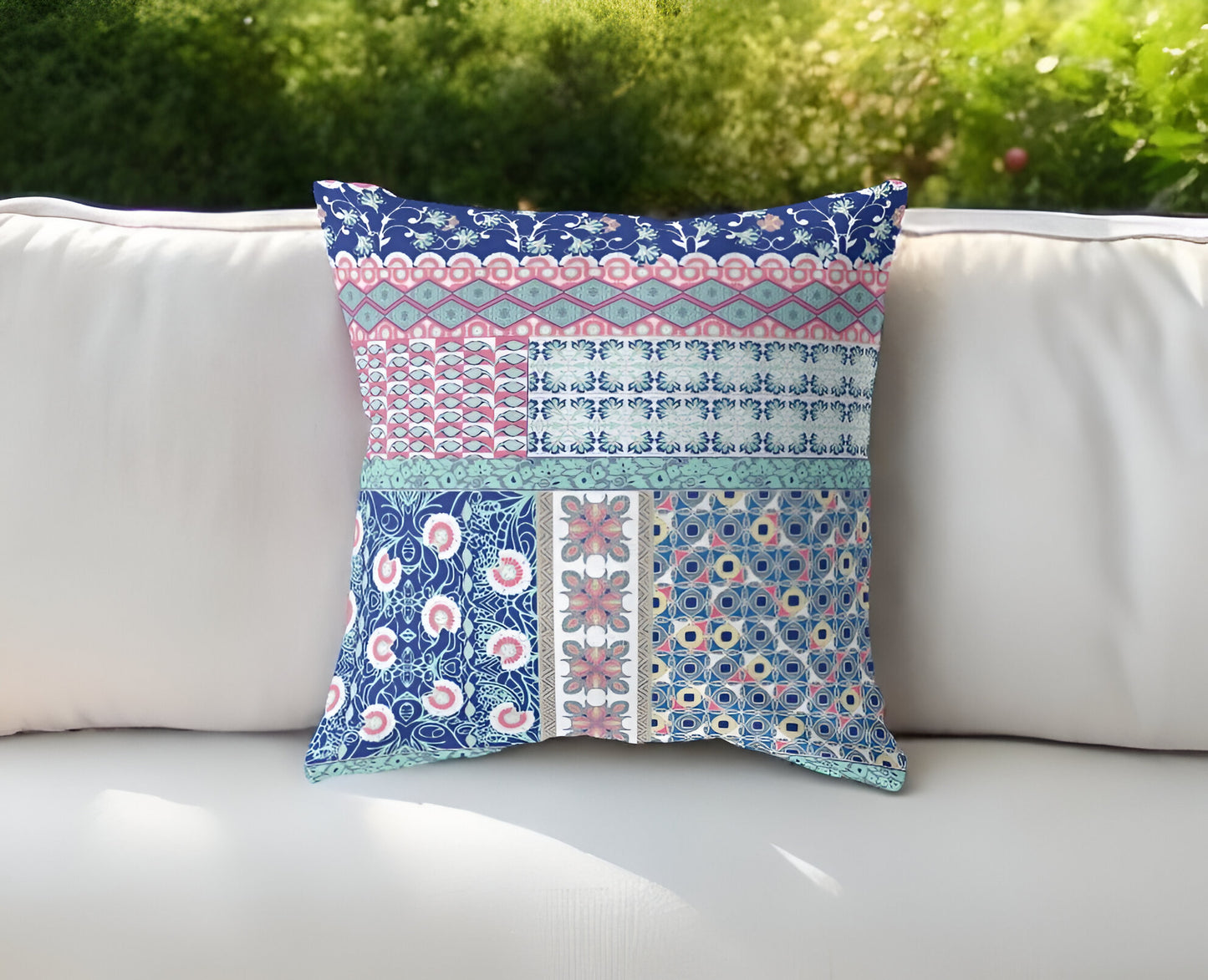 18” Blue Pink Patch Indoor Outdoor Zippered Throw Pillow