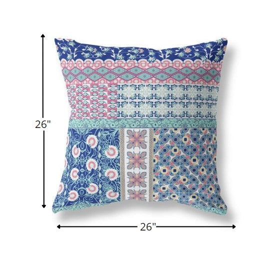 18” Blue Pink Patch Indoor Outdoor Zippered Throw Pillow