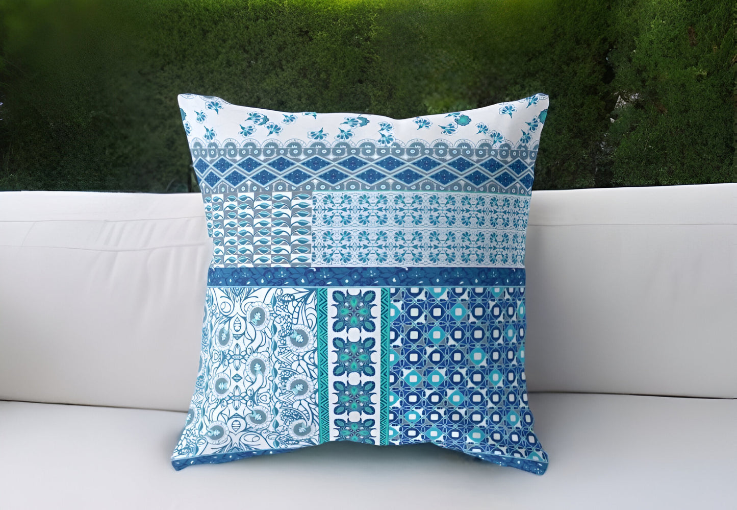 16” Blue White Patch Indoor Outdoor Zippered Throw Pillow