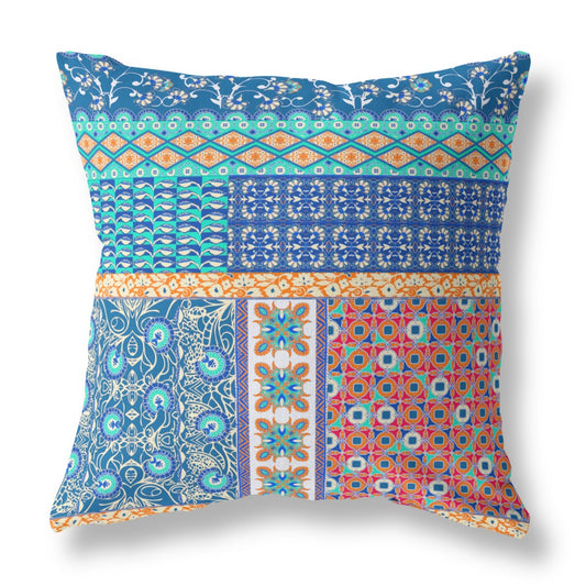 16” Blue Orange Patch Indoor Outdoor Zippered Throw Pillow
