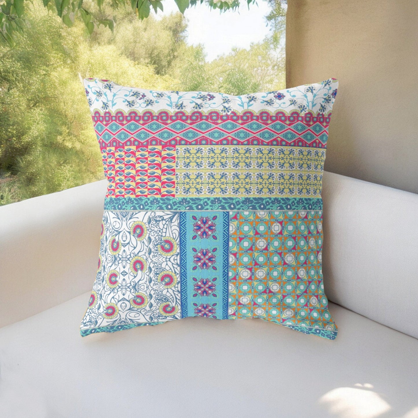 16” White Yellow Patch Indoor Outdoor Zippered Throw Pillow