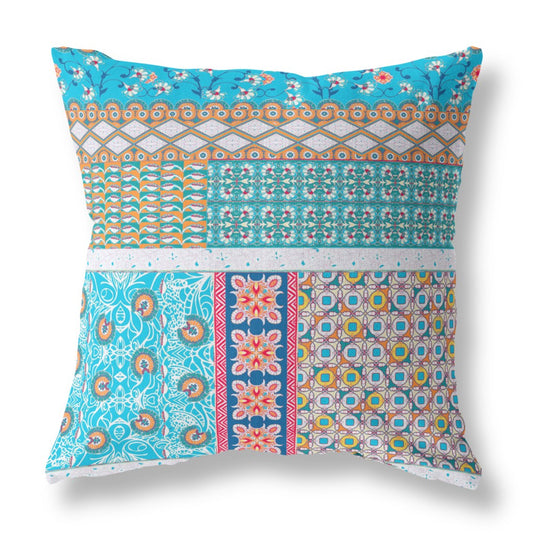 16” Turquoise White Patch Indoor Outdoor Zippered Throw Pillow