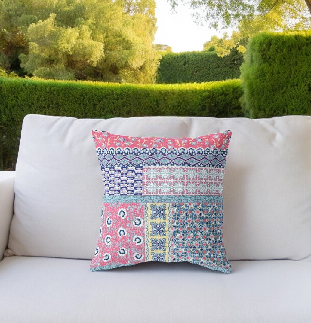 16” White Pink Patch Indoor Outdoor Zippered Throw Pillow