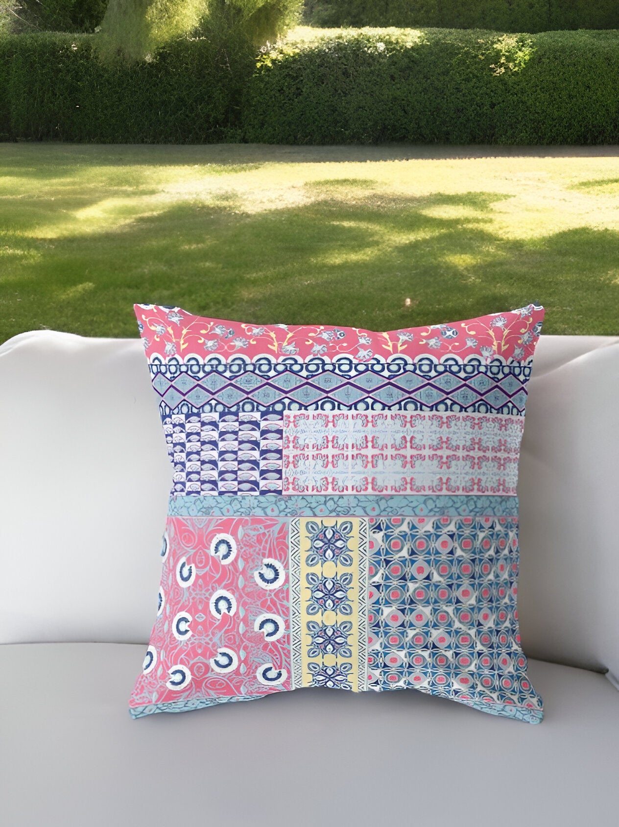 18” White Pink Patch Indoor Outdoor Zippered Throw Pillow