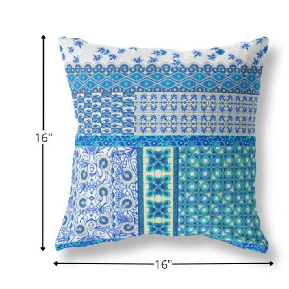 16” Turquoise Blue Patch Indoor Outdoor Zippered Throw Pillow