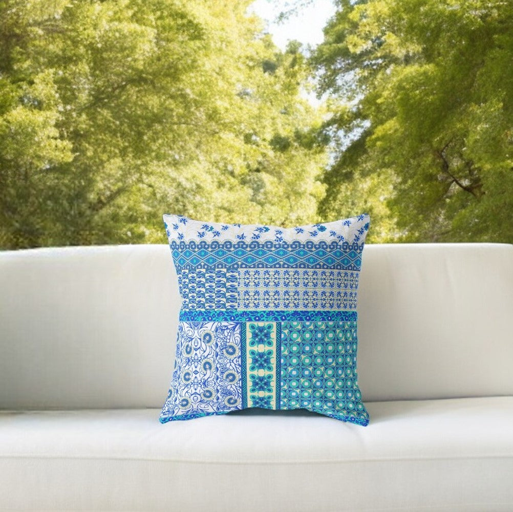 16” Turquoise Blue Patch Indoor Outdoor Zippered Throw Pillow