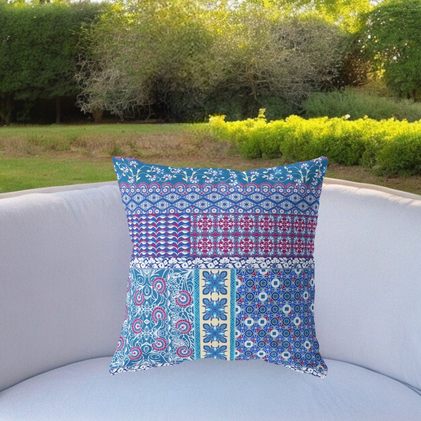 18” Navy Plum Patch Indoor Outdoor Zippered Throw Pillow