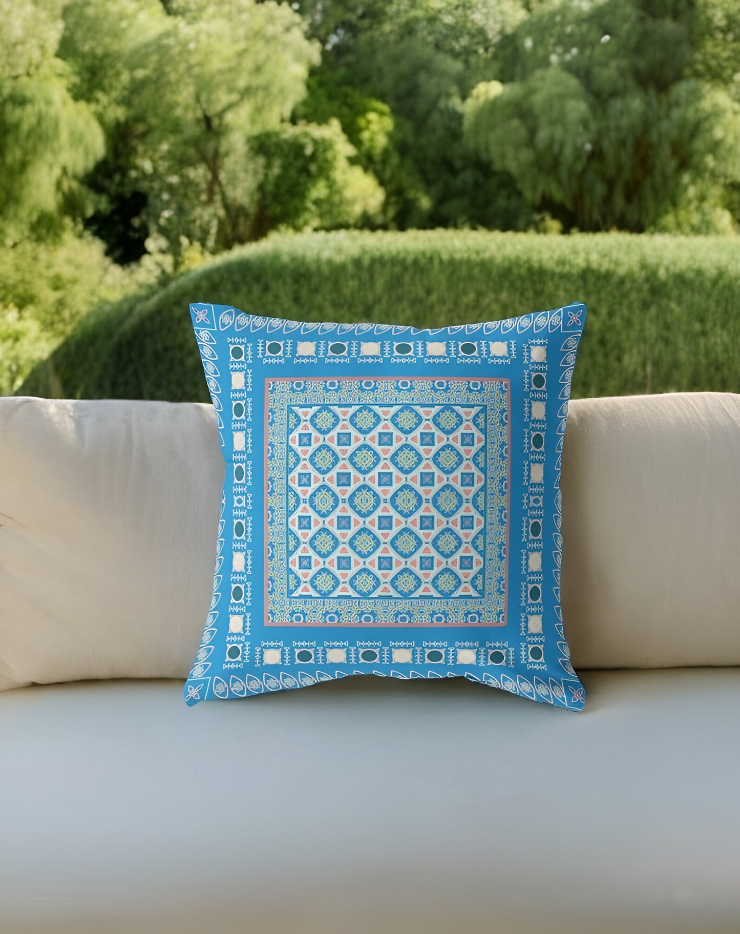 18” Blue Pink Block Indoor Outdoor Zippered Throw Pillow