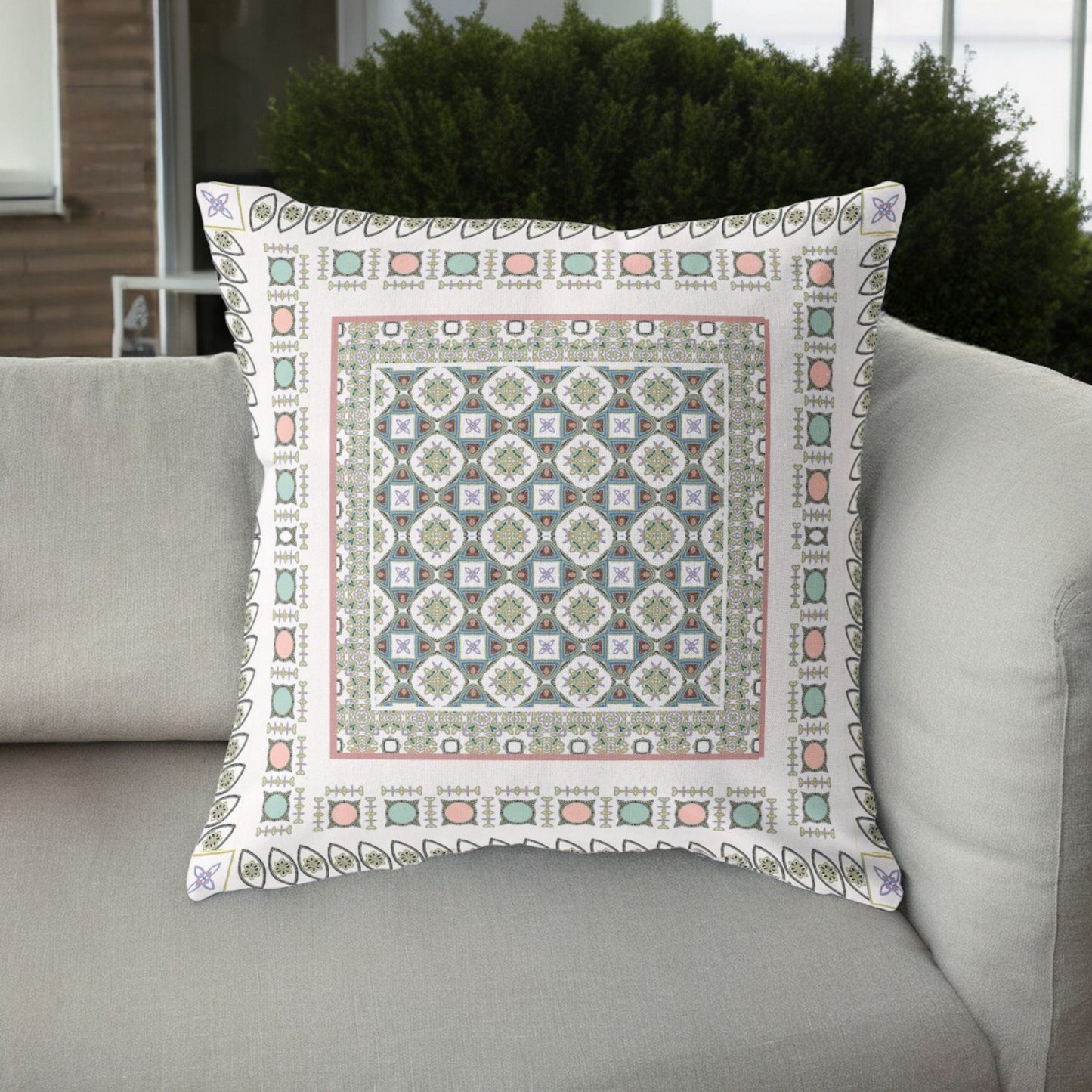 16” White Blue Block Indoor Outdoor Zippered Throw Pillow