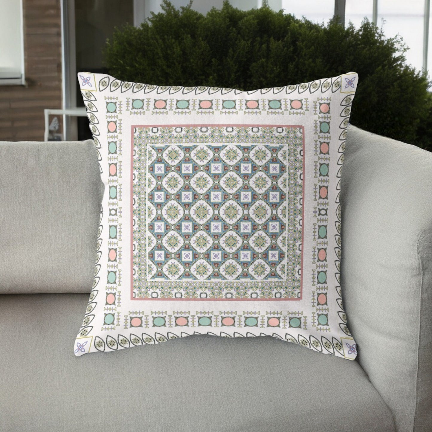 18” White Blue Block Indoor Outdoor Zippered Throw Pillow