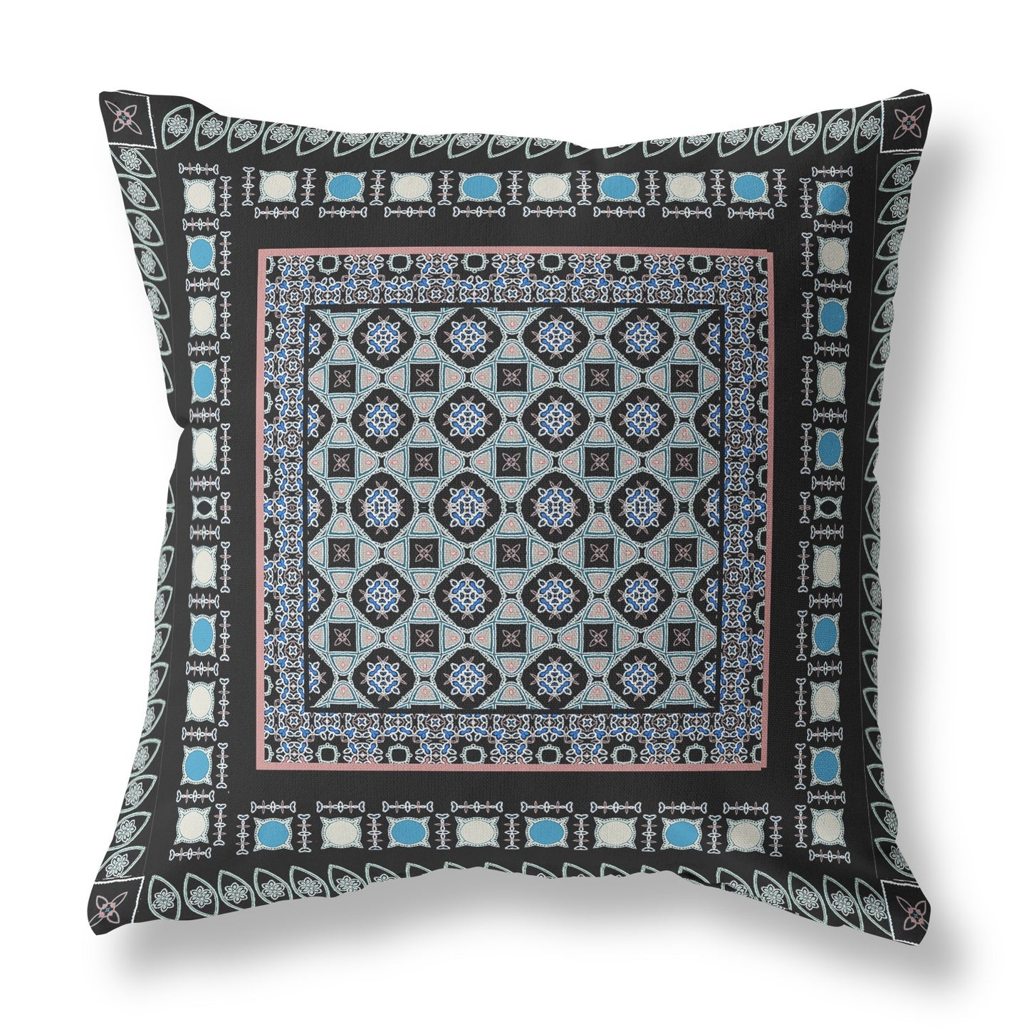 16” Black Blue Block Indoor Outdoor Zippered Throw Pillow
