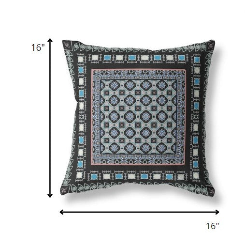 16” Black Blue Block Indoor Outdoor Zippered Throw Pillow