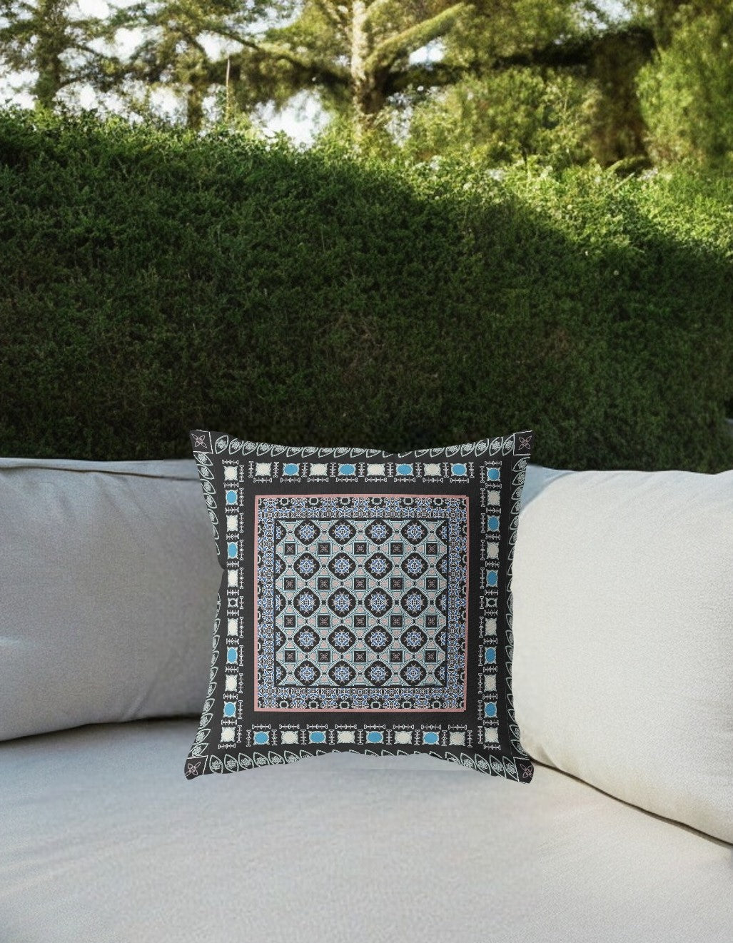 16” Black Blue Block Indoor Outdoor Zippered Throw Pillow